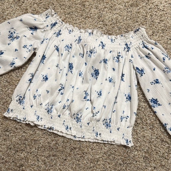 Divided White and Blue Crop Ruffled Blouse - Picture 1 of 8